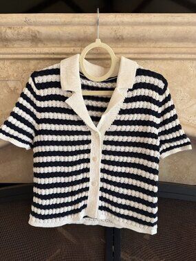 Coastal Striped Knit Polo Top Size S